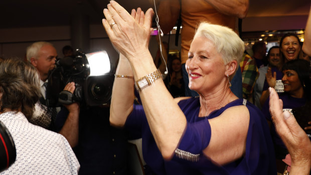 Independent candidate for Wentworth Kerryn Phelps is congratulated by supporters.