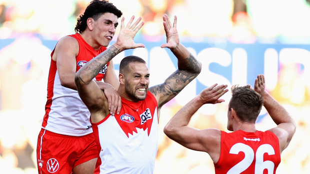 Lance Franklin celebrates one of his two goals in Saturday’s win over Collingwood.