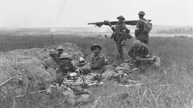 American and Australian stretcher bearers working together in the front line area during the Battle of Hamel.