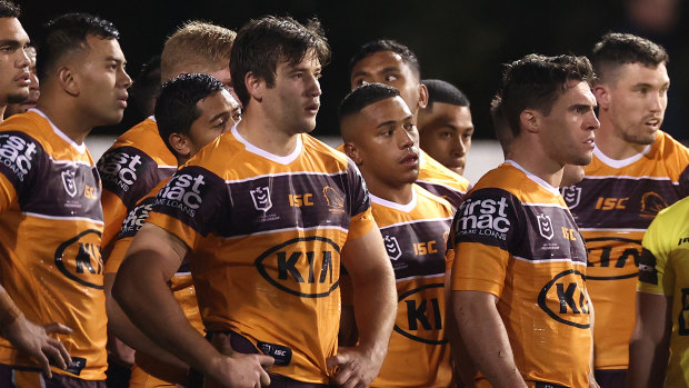No answers ... the Broncos after another Wests Tigers try on Friday night.