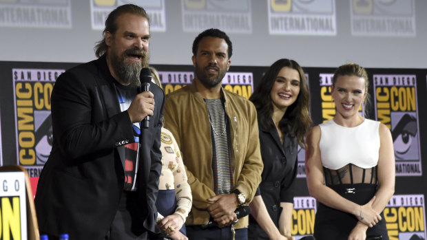 David Harbour, O. T. Fagbenle, Rachel Weisz and Scarlett Johansson participate during the Black Widow portion of Comic-con panel.
