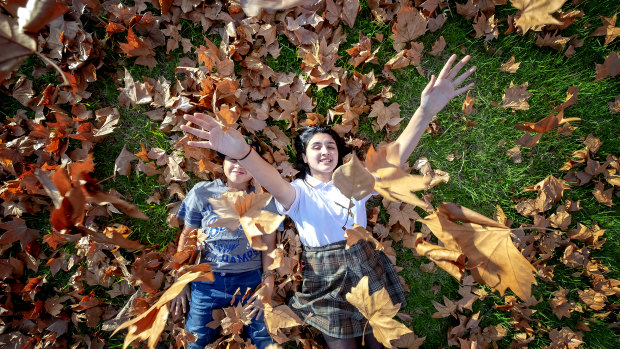 Isabela, 12 and Dante, 10, play in the leaves in Moonee Ponds. 