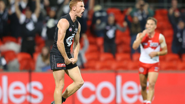 The moment: Matthew Cottrell after kicking the winner for Carlton.
