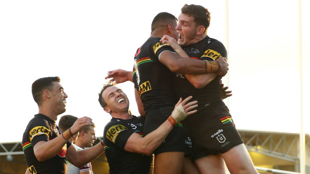 Penrith players celebrate win No. 8 in Bathurst last weekend.