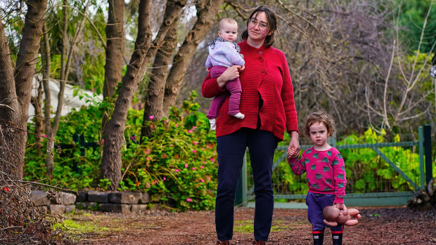 Katie Dircks with her children Ernie, 2, and Ada, 8 months, at their home in Bendigo.