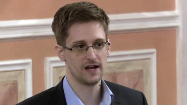 Former National Security Agency systems analyst Edward Snowden speaks in Moscow.