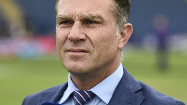 Michael Slater working as a commentator in 2019.