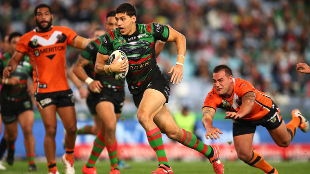 Kyle Turner sets sail for the tryline in the Rabbitohs’ premiership year in 2014.