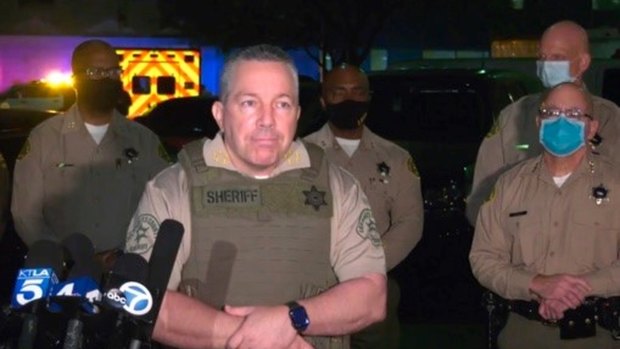 The Los Angeles County Sheriff's Department, shows Los Angeles Sheriff Alex Villanueva taking questions at a late-night news conference about the condition of two Sheriff's deputies in Compton, California. 