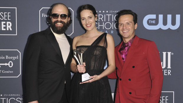Brett Gelman, Phoebe Waller-Bridge and Andrew Scott with the award for best comedy series for Fleabag at the 25th annual Critics' Choice Award.