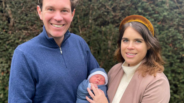 Princess Eugenie and Jack Brooksbank with their son August Philip Hawke Brooksbank in February 2021.