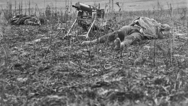 Men lie dead at Montbrehain, scene of the last battle involving Australian infantry on the Western Front.