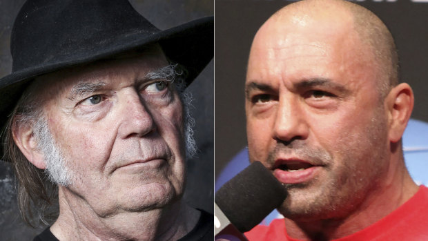 The Canadian star Neil Young, left, has pulled his music from Spotify because of segments on Joe Rogan’s podcast.