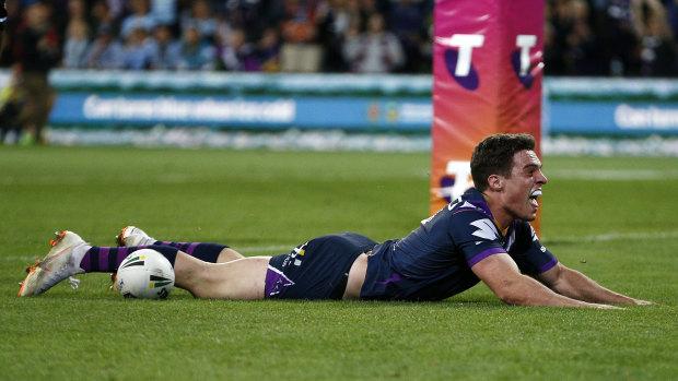 Success story: Brodie Croft scores after a Billy Slater assist as the Storm racked up a huge lead in the first half.