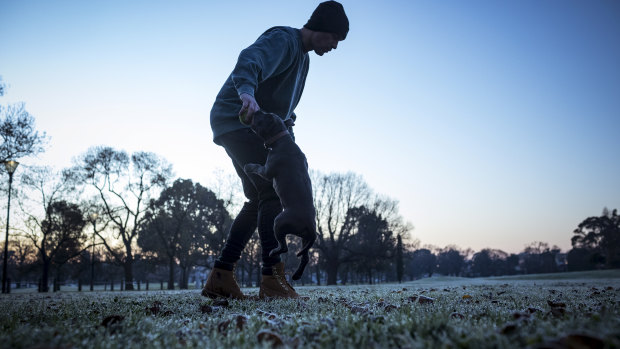 Chris Davenport and Britney the pup play in a frosty Princes Park, Carlton, on Monday morning. 