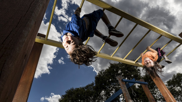 Arlo (8) and Mina (4) love the monkey bars at their local park in Footscray. 