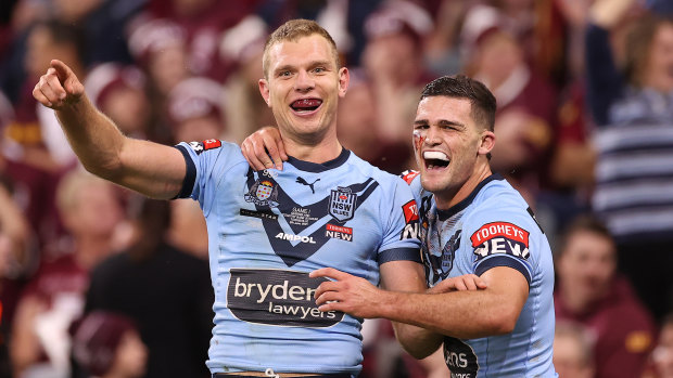 Tom Trbojevic and Nathan Cleary celebrate a try in Origin I.