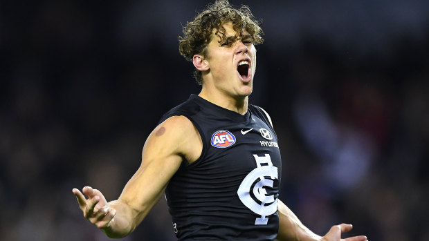 Curnow celebrates a goal in June, 2019, against the Western Bulldogs, just before he was injured.