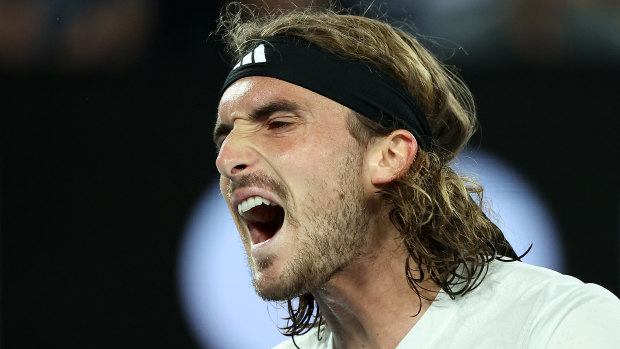 Stefanos Tsitsipas shows his frustration against Novak Djokovic in the Australian Open final.