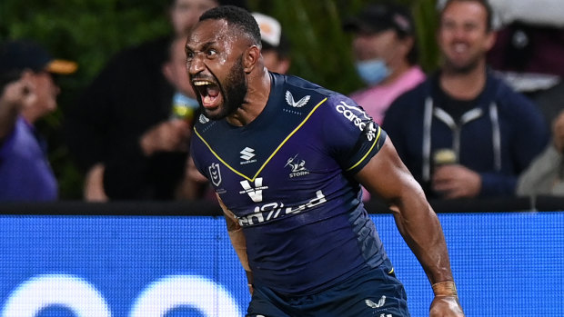 Melbourne centre Justin Olam celebrates a try in the qualifying final against Manly.