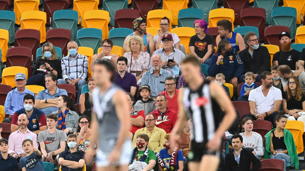 Fans watch the match from bay 13 at the Gabba on Monday night.