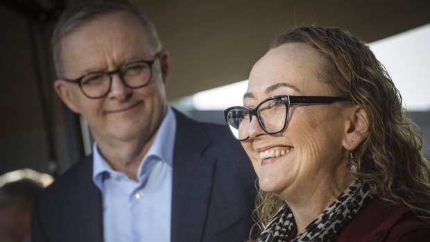 Prime Minister Anthony Albanese celebrates Labor’s victory in Aston with new MP Mary Doyle on Sunday. 