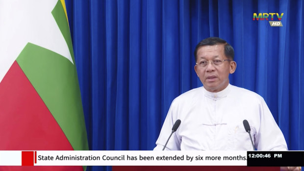 Junta leader Min Aung Hlaing announces an extension of the state of emergency in Myanmar on state television on Monday.