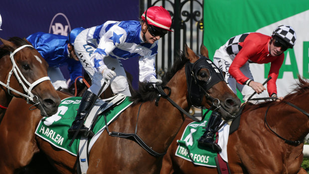 Jamie Kah rides Harlem to victory in race 8 at Flemington on Super Saturday.