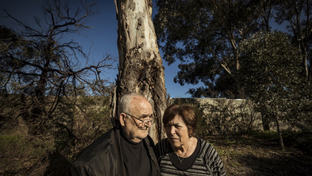 Les and Vasiliki Kermanidis in parkland  across the road from their Bulleen home of 46 years. It is among six hectares of open space to go, to widen the Eastern Freeway.