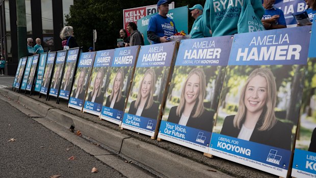 Corflutes for Kooyong Liberal candidate Amelia Hamer at pre-polling in High Street, Kew on April 29.