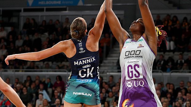 Vixen Emily Mannix takes on FIrebirds' Aiken.