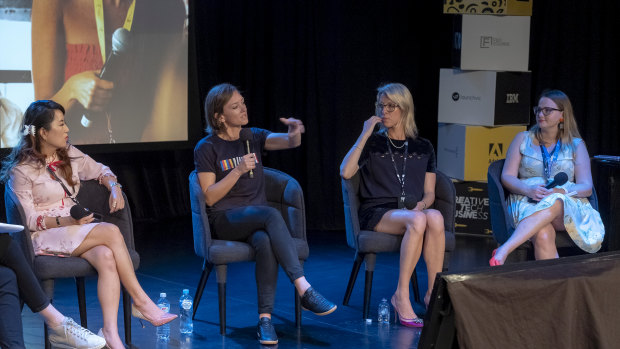 L-R:  Grace Wong, Founder, Liven, Laura Youngson, Co-Founder, Ida Sports and Equal Playing Field, Sarah Hamilton supernova and
Sarah Moran, Managing Director, Girl Geek Academy at a 'Truth and lies behind female founder' panel, Pause Fest in Melbourne 