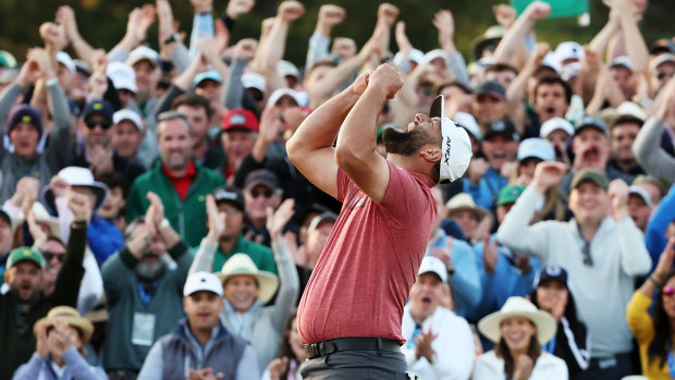 Spain’s Jon Rahm celebrates winning The Masters at Augusta in April.