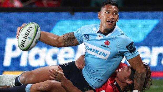 Israel Folau scores a try for the NSW Waratahs against the Crusaders in Christchurch on Saturday.