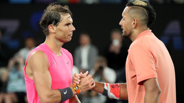 Nadal and Kyrgios shake hands after their fourth round match.