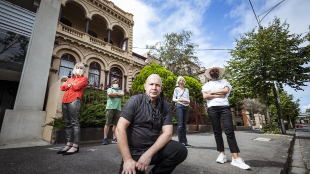 East Melbourne residents  Greg Bisinella (centre). Nicole and Chris Pelchen, Sylvia Black and Diana Bosak outside Eblana.