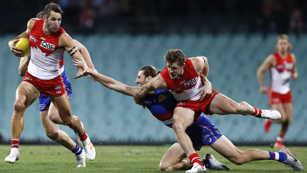 Josh Kennedy (left) and Marcus Bontempelli (centre) were two of the more central figures in Thursday night's clash.