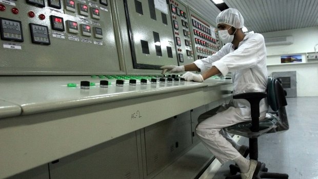 An Iranian technician works at the Uranium Conversion Facility just outside Isfahan.
