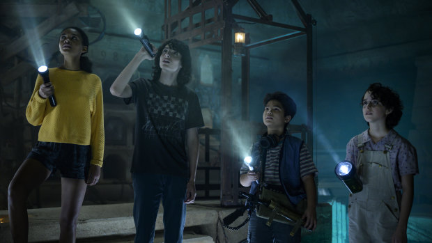 Celeste O’Connor, Finn Wolfhard, Logan Kim and Mckenna Grace in Ghostbusters: Afterlife.