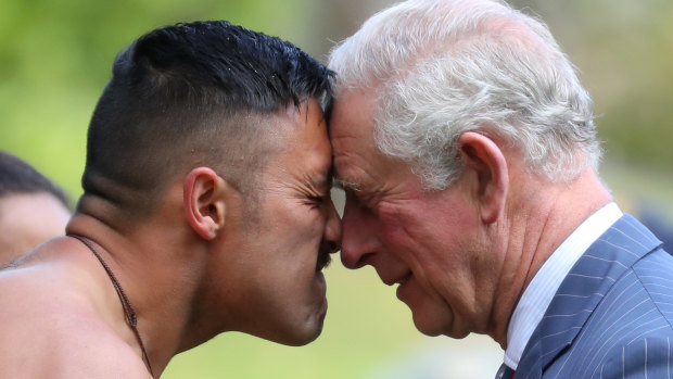 Prince Charles receives a Hongi, or traditional Maori greeting, as he attends the Ceremony of Welcome, at Government House in Auckland, New Zealand. 