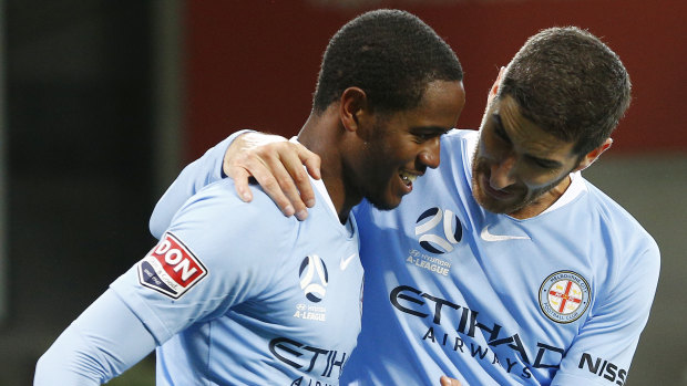 Harrison celebrates a goal for City against the Mariners last week.