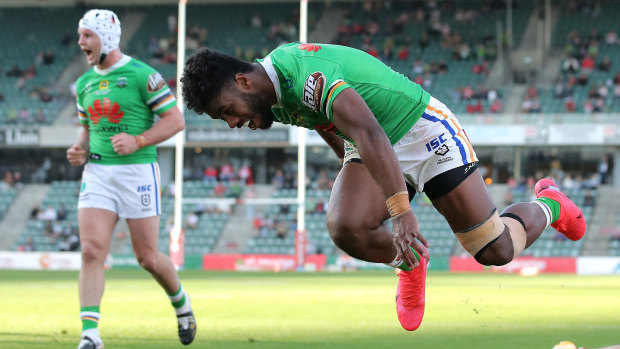 Canberra's Semi Valemei scores during the Raiders' romping win over the Dragons.