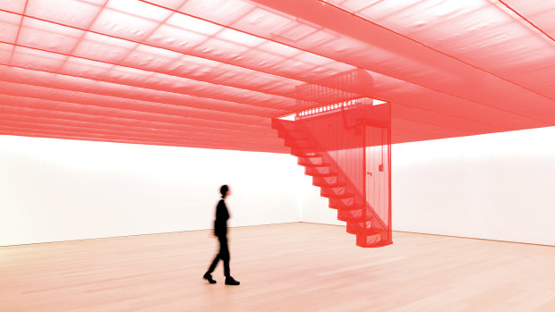 Do Ho Suh, Staircase-III, 2010, installation view, Museum Voorlinden, Wassenaar, 2019, polyester fabric, stainless steel, Tate: Purchased with funds provided by the Asia Pacific Acquisitions Committee 2011, image courtesy the
artist, Museum Voorlinden, Wassenaar, Lehmann Maupin, New York, Hong Kong, Seoul and London, © Do Ho Suh, 