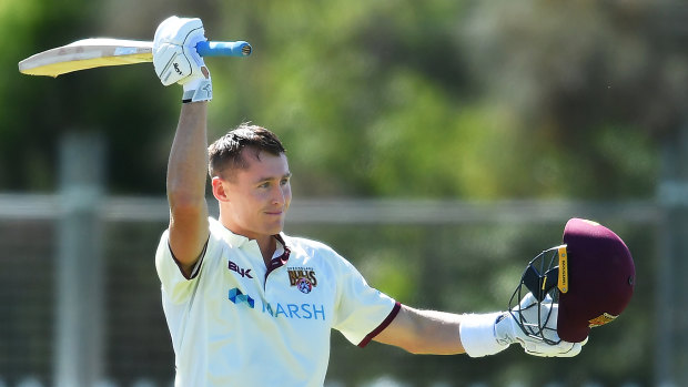 Bull at the gate: Marnus Labuschagne celebrates bringing up his century during day two of the Sheffield Shield match between Queensland and Tasmania in Adelaide.