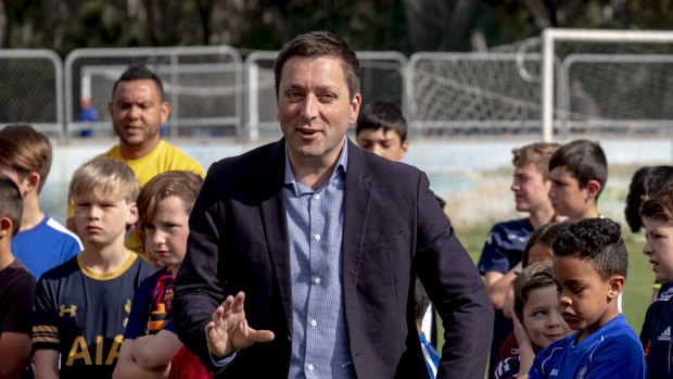 Opposition Leader Matthew Guy at a soccer clinic on Sunday.