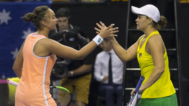 Ashleigh Barty of Australia defeats Lesley Kerkhove of the Netherlands.