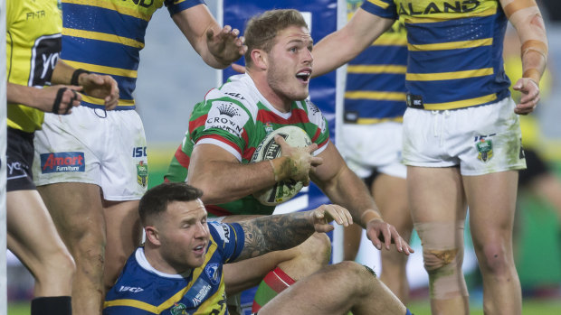 It was raining tries for the Bunnies with Tom Burgess celebrating one against the Eels at ANZ Stadium. 