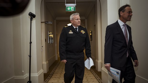 Federal Health Minister Greg Hunt with the newly appointed head of the Vaccine Operations Centre, Commodore Eric Young.