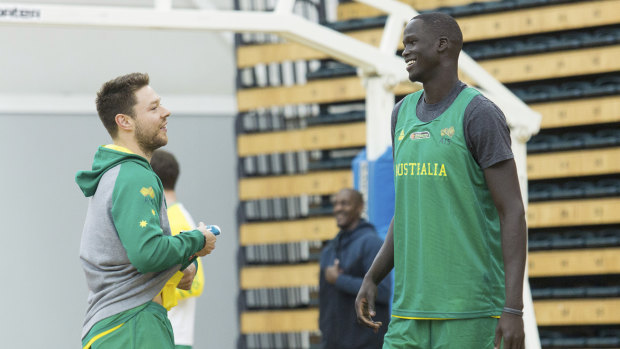 Australian Boomers Matthew Dellavedova and Thon Maker at training on Friday in the lead up to the World Cup qualifiers.