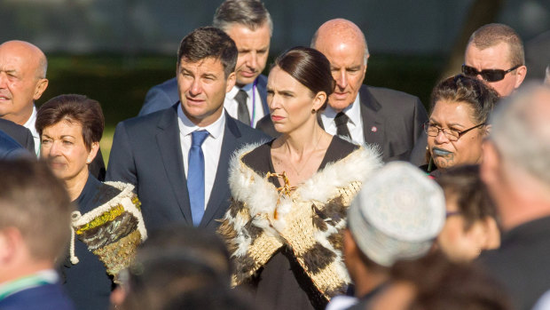 New Zealand Prime Minister Jacinda Ardern and partner Clarke Gayford at the national Remembrance Service to those who were killed in the Al Noor Mosque and the Linwood Islamic Centre shooting in Christchurch.